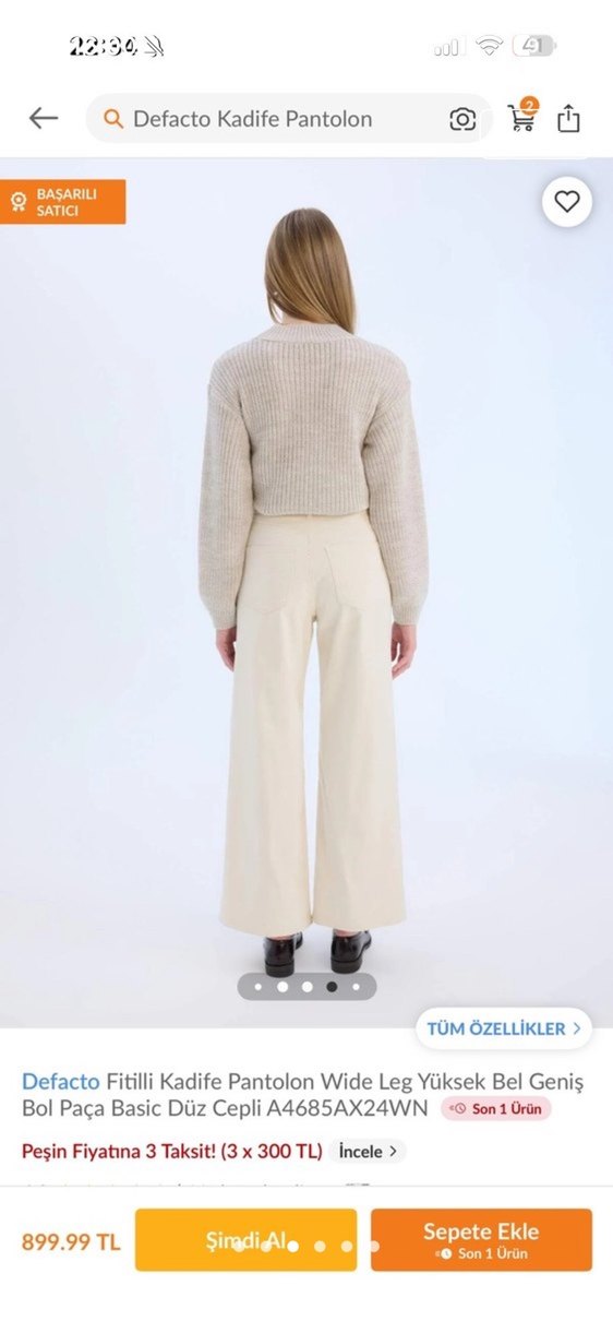 Bej Kadife Wide Leg Pantolon 34 beden - Görsel 2