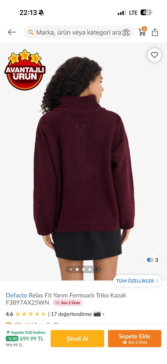 Defacto Bordo Relax Fit Yarım Fermuarlı Triko Kazak - Görsel 2