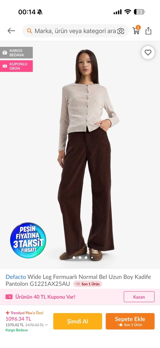 Defacto Kadife Kahverengi Pantolon - Görsel 2