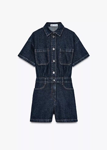 Düğmeli Lacivert Kısa Denim Tulum