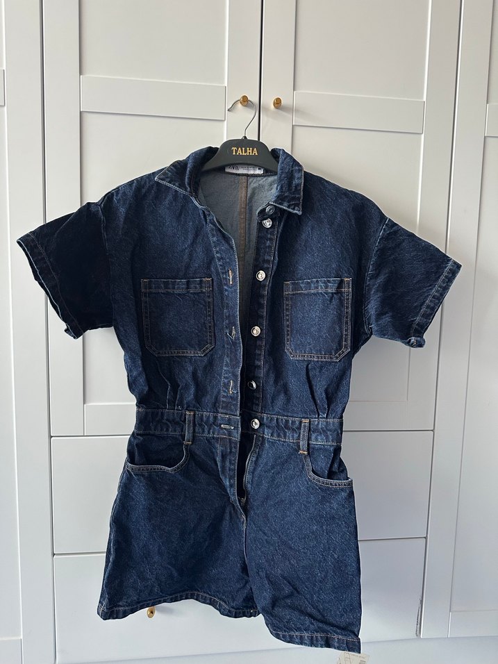 Düğmeli Lacivert Kısa Denim Tulum - Görsel 2