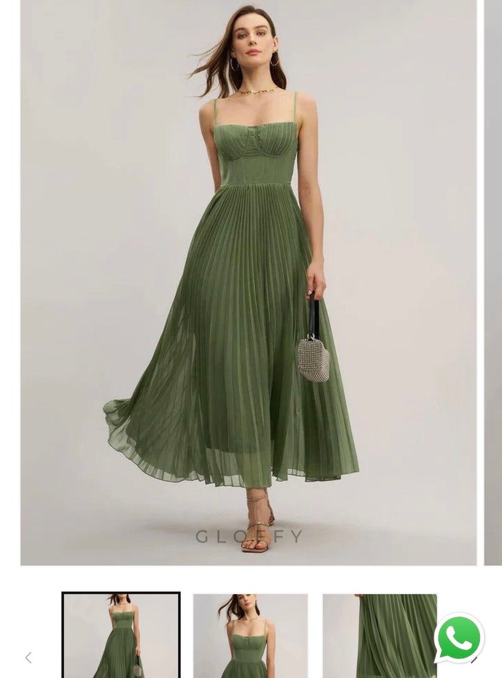 Kadın Haki Straplez Pilili Uzun Elbise - Görsel 5