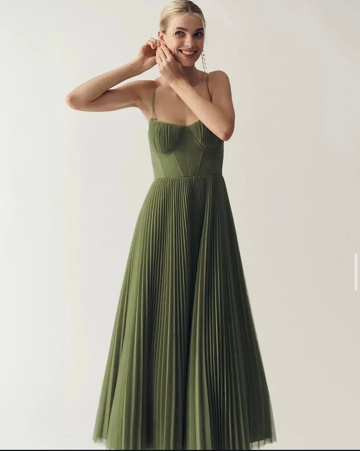 Kadın Haki Straplez Pilili Uzun Elbise - Görsel 2