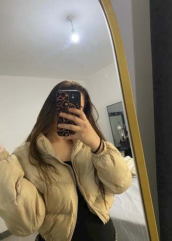 Bej Kadın Puff Crop Mont Yüksek Yakalı - Görsel 2