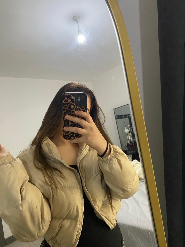 Bej Kadın Puff Crop Mont Yüksek Yakalı - Görsel 2