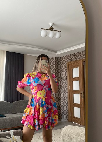 Diğer Renkli Tie-Dye Mini Elbise, Şeffaf Detaylı