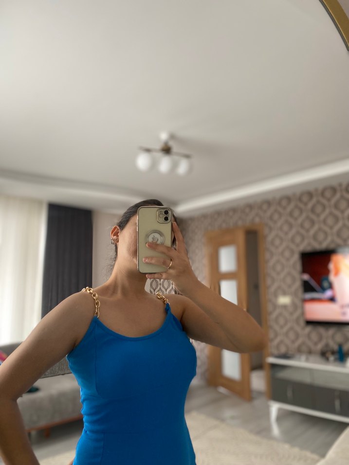 Mavi İnce Askılı Kalem Elbise - Görsel 2