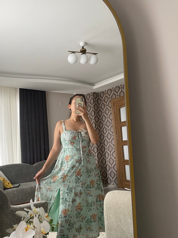 Turkuaz Bağcıklı Midi Bohem Elbise - Görsel 2