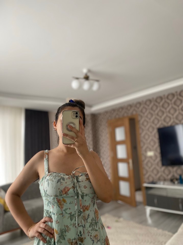 Turkuaz Bağcıklı Midi Bohem Elbise - Görsel 3