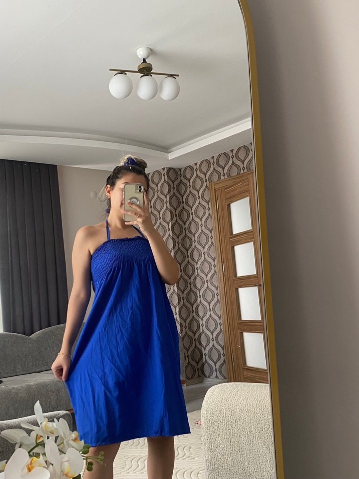 Mavi Bağcıklı Bohem Midi Elbise - Görsel 2