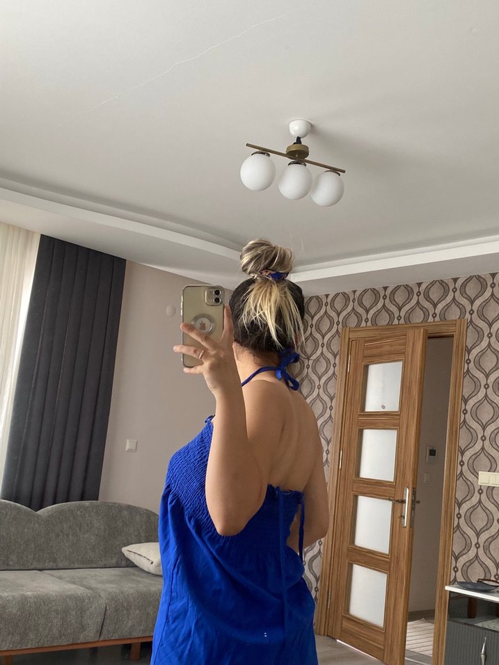 Mavi Bağcıklı Bohem Midi Elbise - Görsel 3