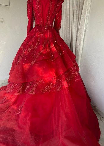 Abiye Boncuk İşlemeli Kırmızı Uzun Kollu Henna Elbise