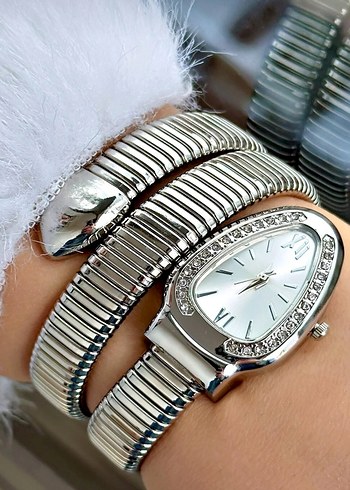 Roma Rakamlı Yılan Model Taşlı Gümüş Renk Şık Burma Kadın Saat - Görsel 8