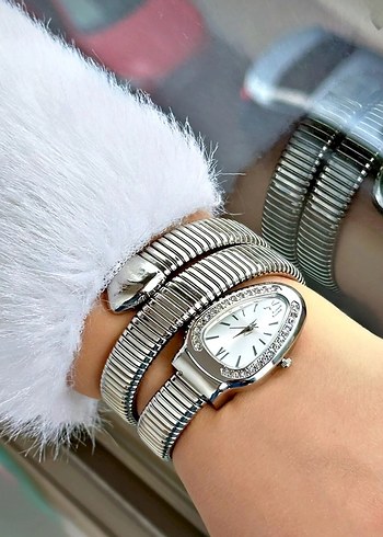 Roma Rakamlı Yılan Model Taşlı Gümüş Renk Şık Burma Kadın Saat - Görsel 9