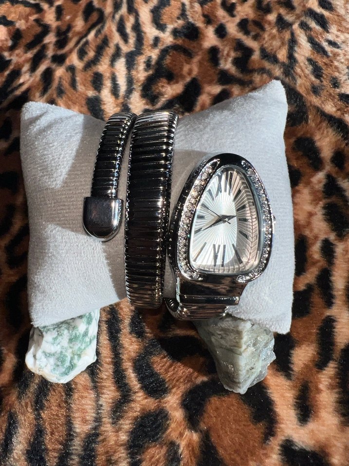 Roma Rakamlı Yılan Model Taşlı Gümüş Renk Şık Burma Kadın Saat - Görsel 5