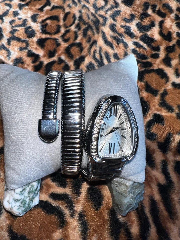 Roma Rakamlı Yılan Model Taşlı Gümüş Renk Şık Burma Kadın Saat - Görsel 3
