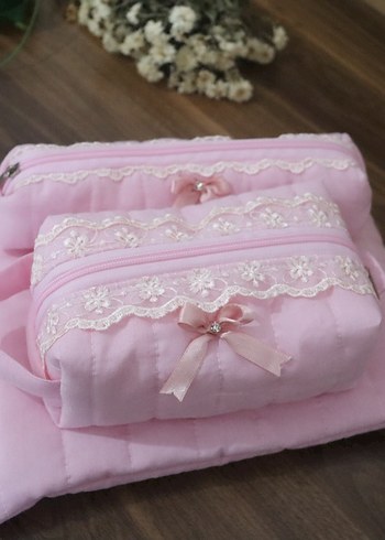 Dantel Detaylı Pembe makyaj çantası set - Görsel 14