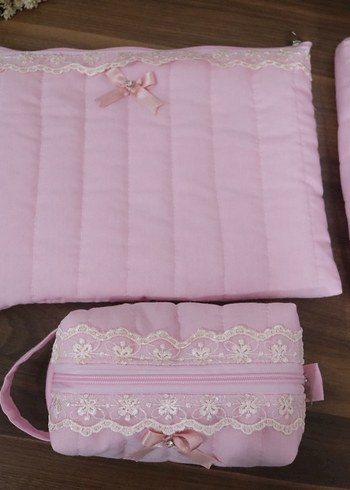 Dantel Detaylı Pembe makyaj çantası set - Görsel 9
