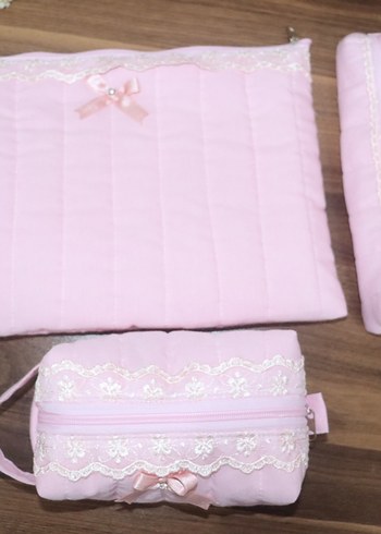 Dantel Detaylı Pembe makyaj çantası set - Görsel 11