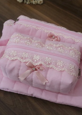 Dantel Detaylı Pembe makyaj çantası set - Görsel 12