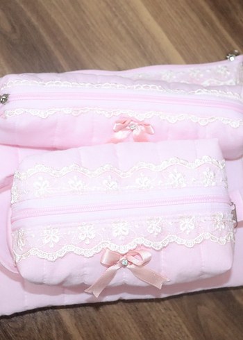 Dantel Detaylı Pembe makyaj çantası set - Görsel 16