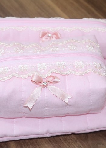 Dantel Detaylı Pembe makyaj çantası set - Görsel 15