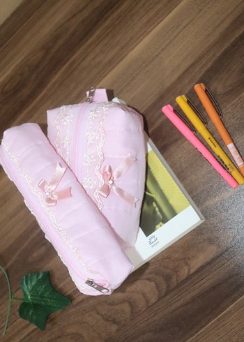 Dantel Detaylı Pembe makyaj çantası set - Görsel 18