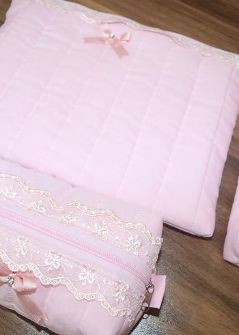 Dantel Detaylı Pembe makyaj çantası set - Görsel 10