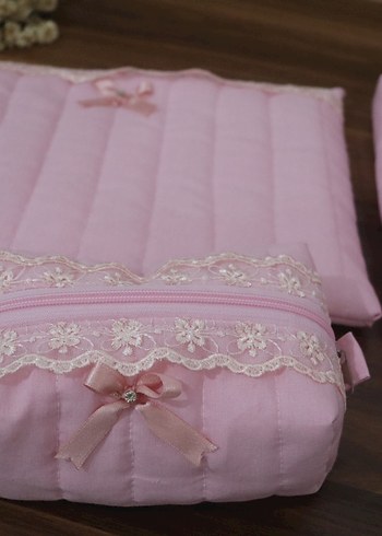 Dantel Detaylı Pembe makyaj çantası set - Görsel 6