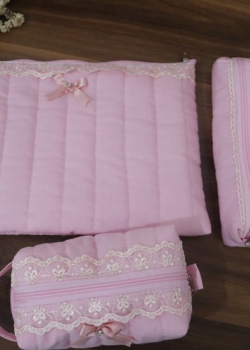 Dantel Detaylı Pembe makyaj çantası set - Görsel 8