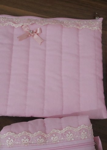 Dantel Detaylı Pembe makyaj çantası set - Görsel 7