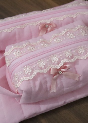 Dantel Detaylı Pembe makyaj çantası set - Görsel 2