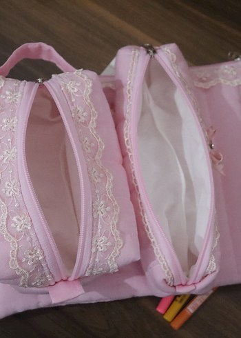 Dantel Detaylı Pembe makyaj çantası set - Görsel 19