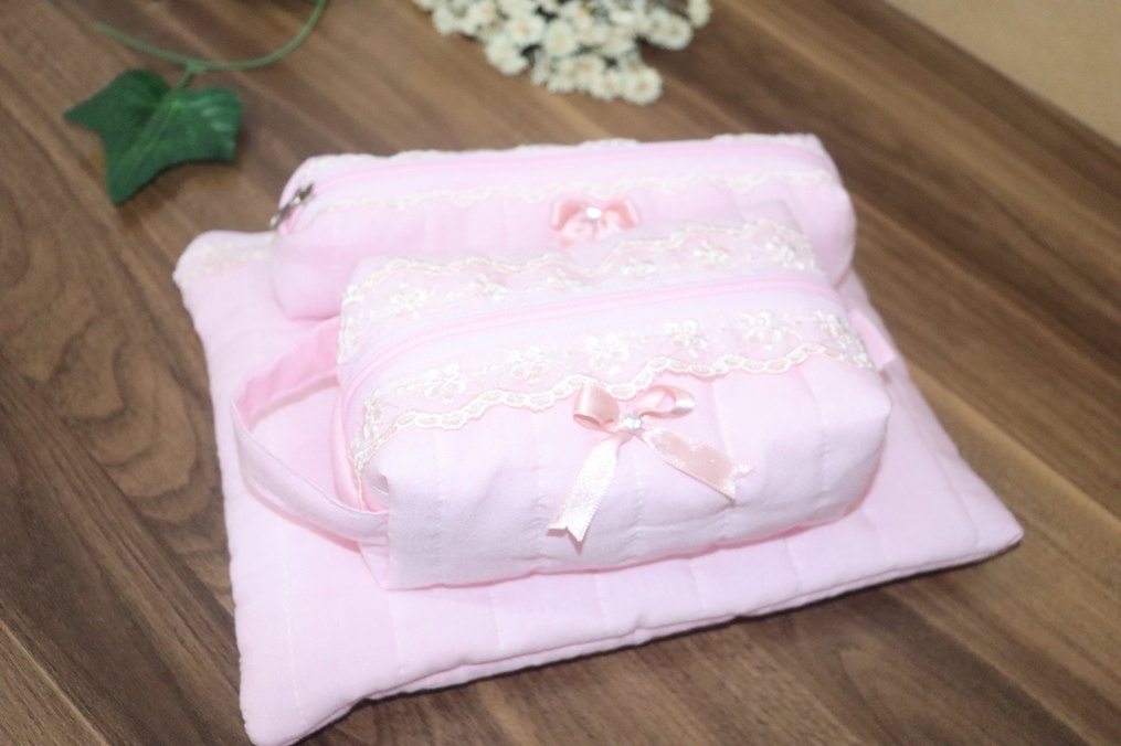 Dantel Detaylı Pembe makyaj çantası set - Görsel 4