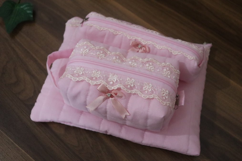 Dantel Detaylı Pembe makyaj çantası set - Görsel 5
