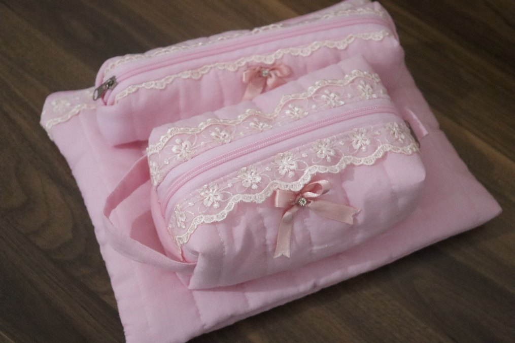 Dantel Detaylı Pembe makyaj çantası set - Görsel 2