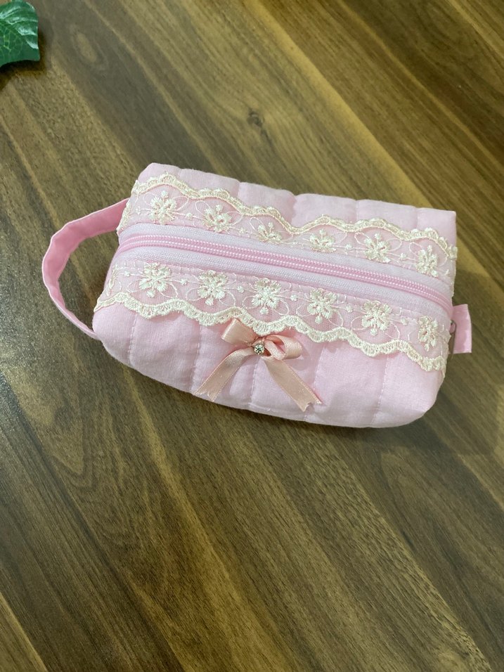 Dantel Detaylı Pembe Kadın Makyaj Çantası - Görsel 4