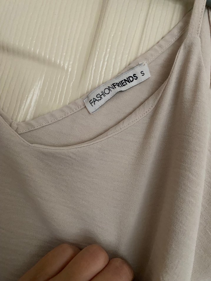 Krem V Yakalı Keten Salaş Kadın Askılı Bluz - Görsel 2