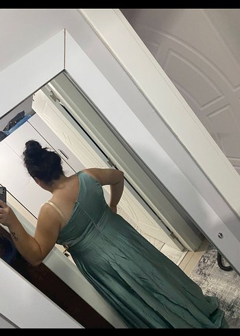 Uzun Kayık Yaka Drapeli Kadın Abiye Elbise - Görsel 2