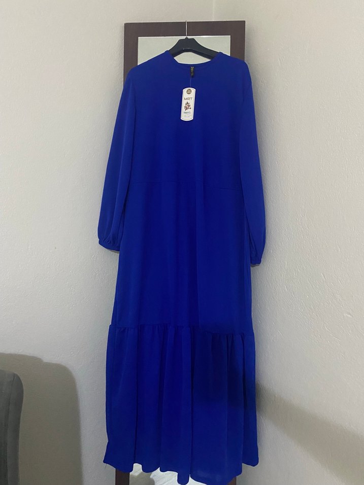 Uzun Kollu Mavi Salaş Kadın Elbise - Görsel 2