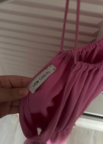 LC Waikiki Pembe Midi Drapeli Askılı Elbise