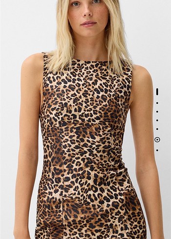 l Beden kahverengi Renk Bershka Kahverengi Leopar Desenli Kolsuz Mini Elbise
