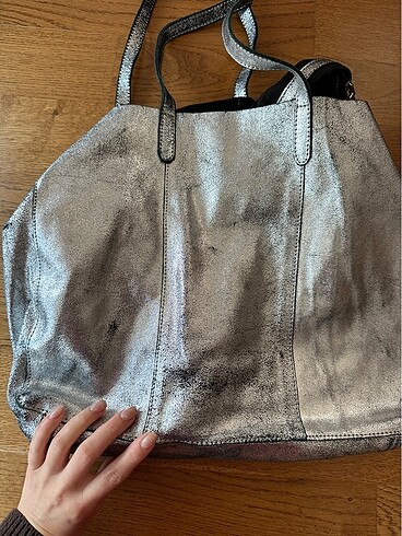 Beden gri Renk Mango hakiki deri shopper