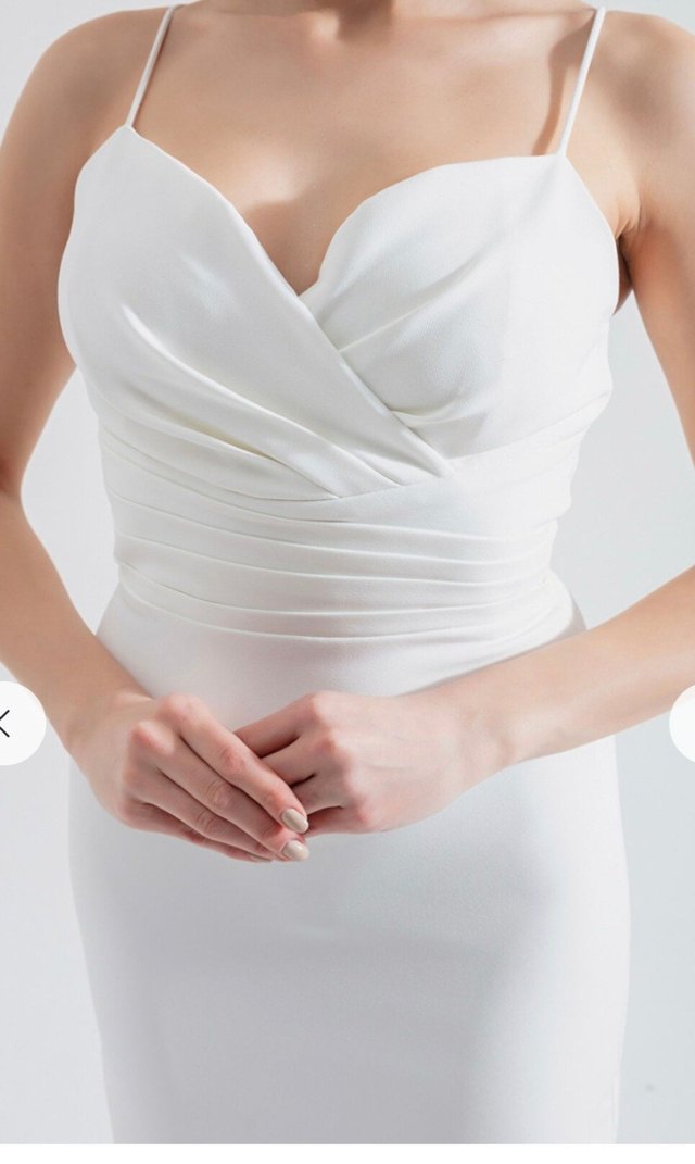 Beyaz Drapeli V Yaka Uzun Kalem Elbise - Görsel 2