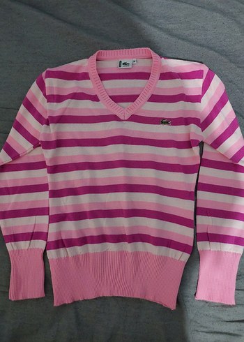 Lacoste Çizgili Pembe Triko Kazak