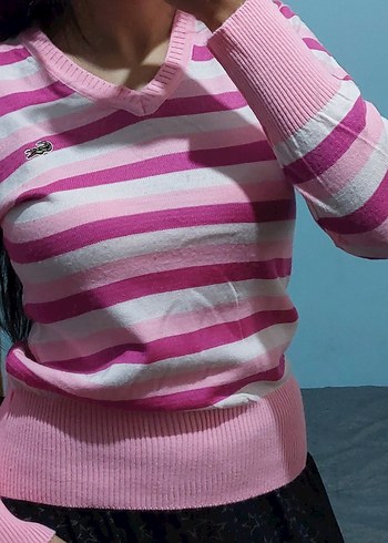 m Beden pembe Renk Lacoste Çizgili Pembe Triko Kazak