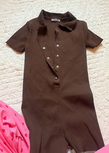 Kahverengi Kısa Kollu Triko Tulum - Görsel 3