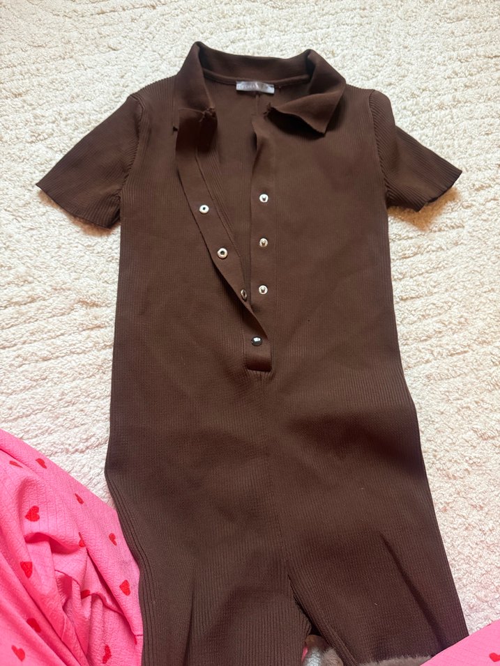 Kahverengi Kısa Kollu Triko Tulum - Görsel 3