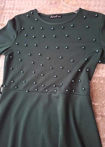 Uzun Kollu yesil Boncuk İşlemeli Uzun Elbise - Görsel 4