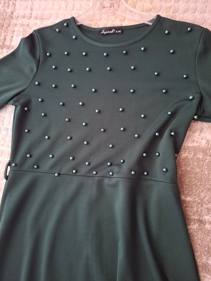 Uzun Kollu yesil  Boncuk İşlemeli Uzun Elbise - Görsel 4